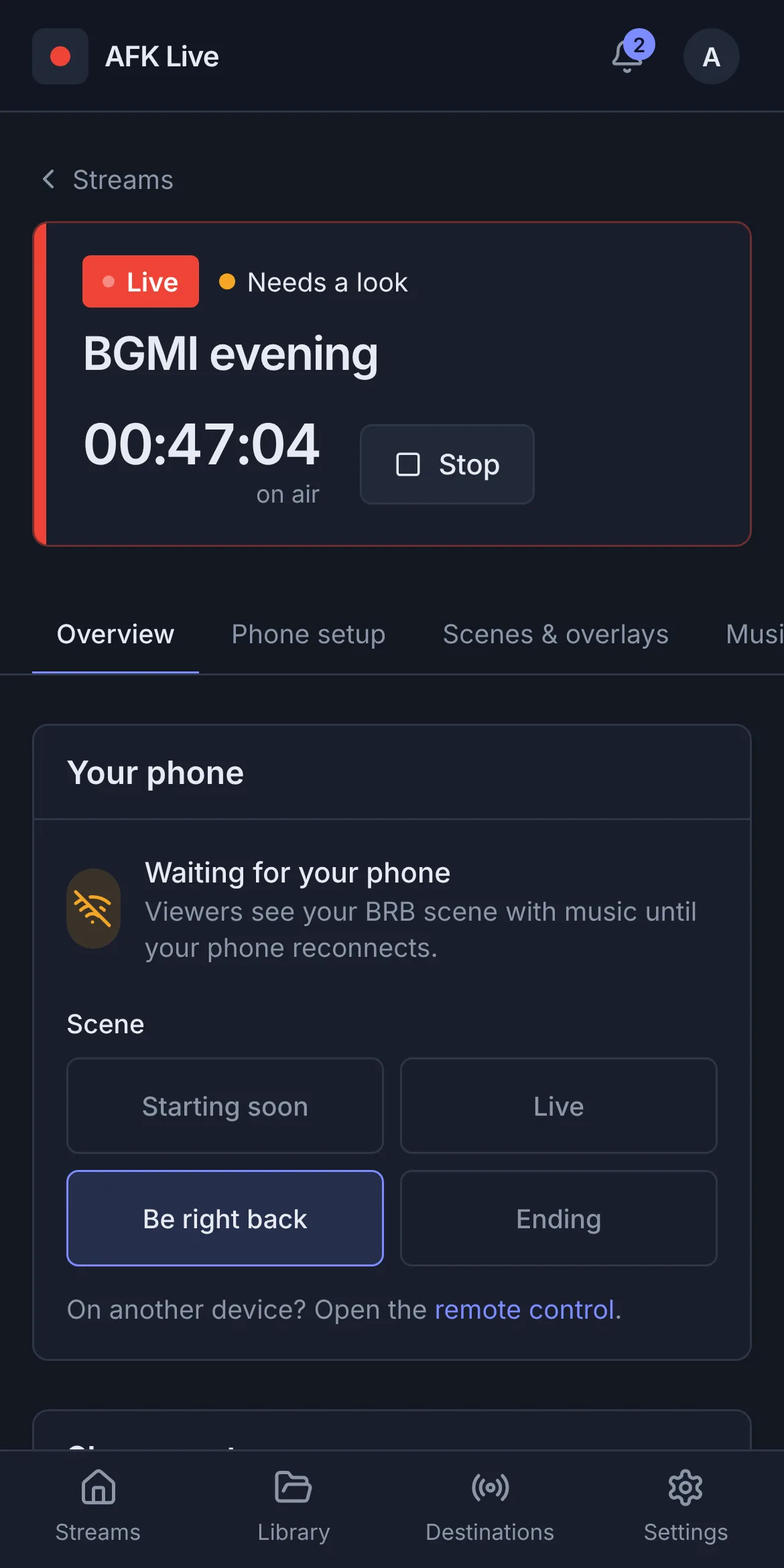 The stream page on a phone, showing the phone's connection and scene buttons